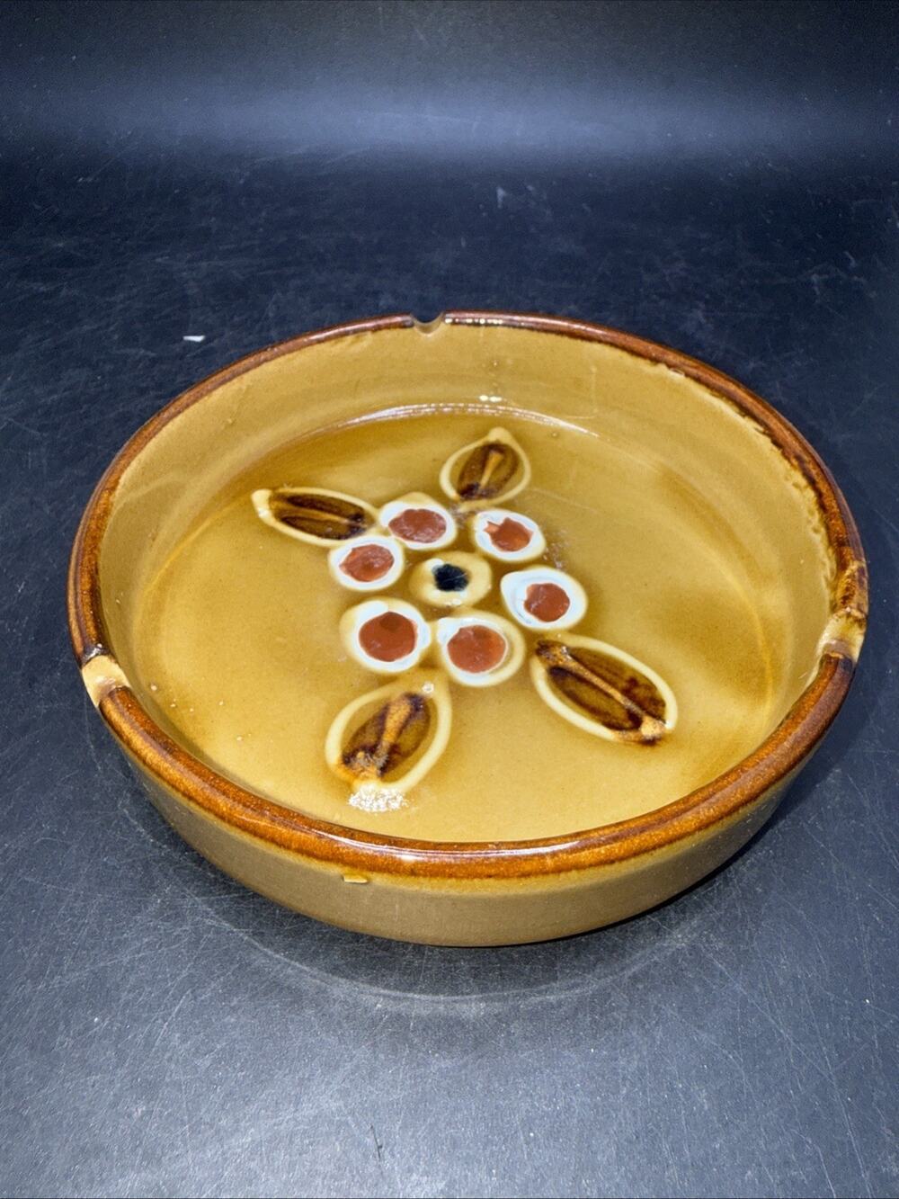Vintage Japanese Stoneware Ashtray Brown Glaze Floral Pottery 1960s 1970s